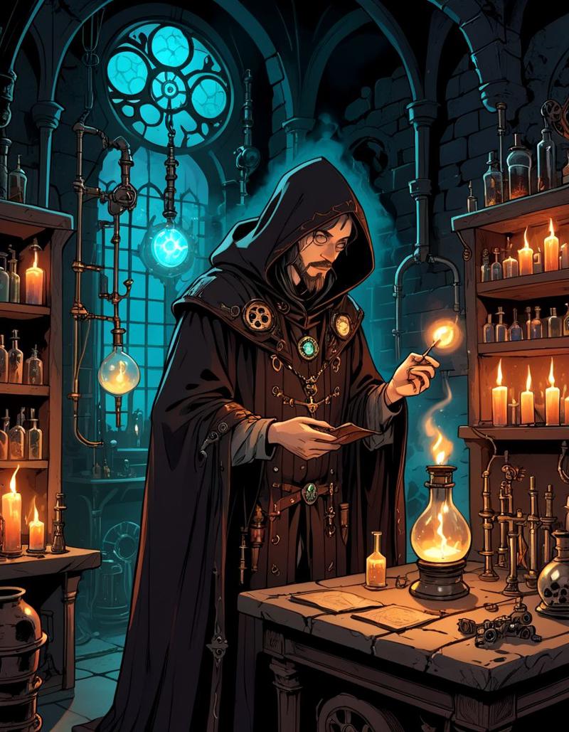 36471-585939226-Graphic novel illustration art nouveau style, An necromancer wizard conducting prohibited magical experiments in a gothic steamp.jpg